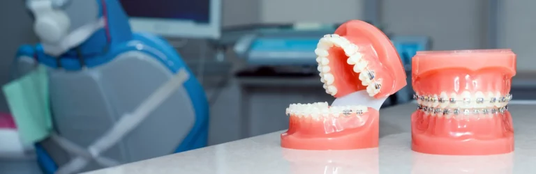 Two dental models with braces on a countertop